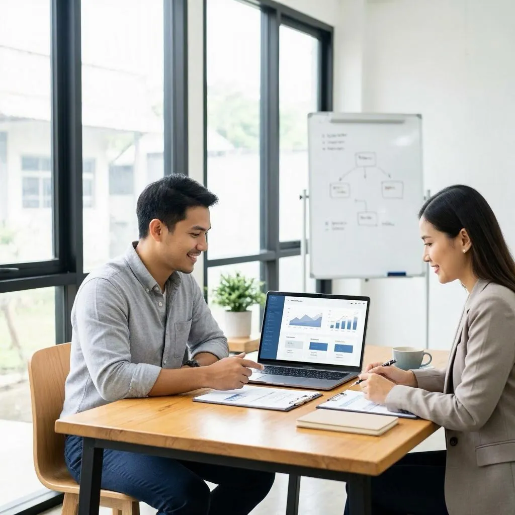 Two people in a consultation, with a laptop open between them.