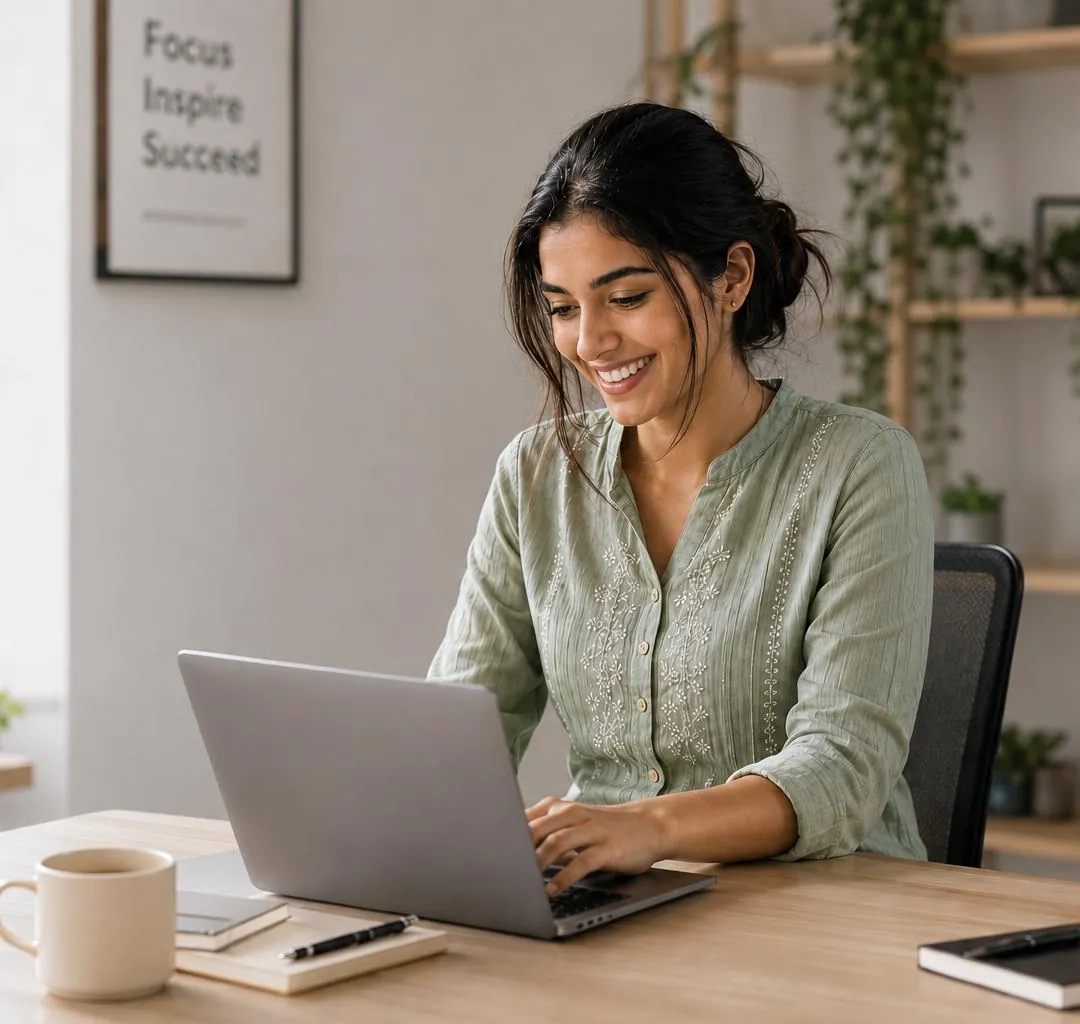 A founder working at a laptop in a quiet office.