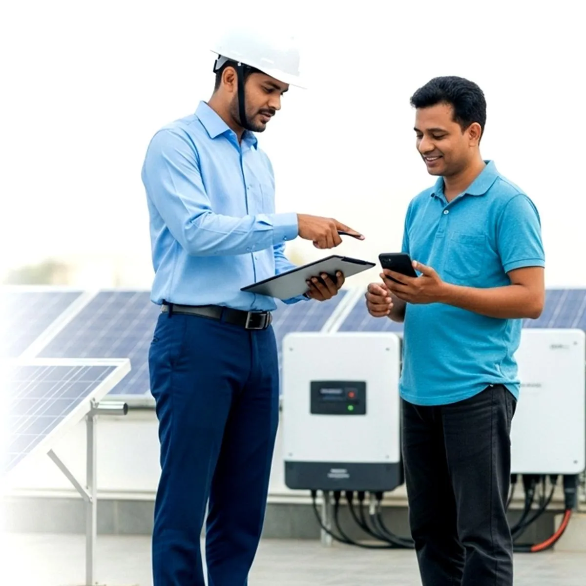 Two colleagues reviewing a tablet beside rooftop solar equipment.