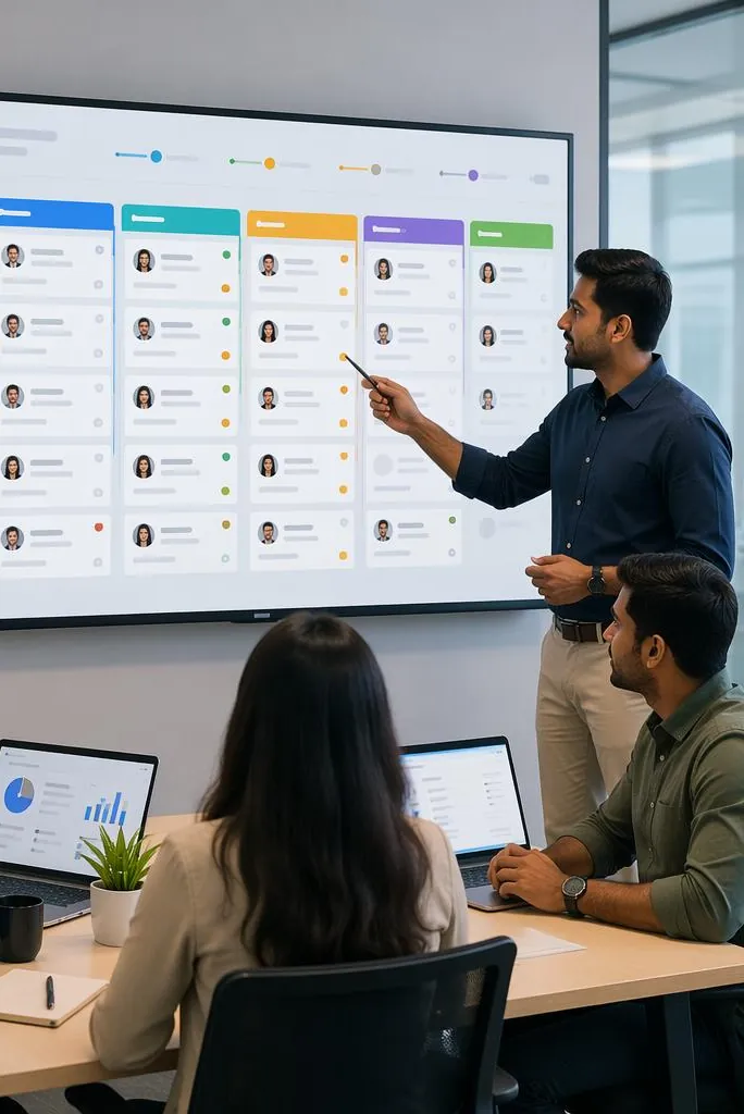 A team reviewing a pipeline board in a meeting room.