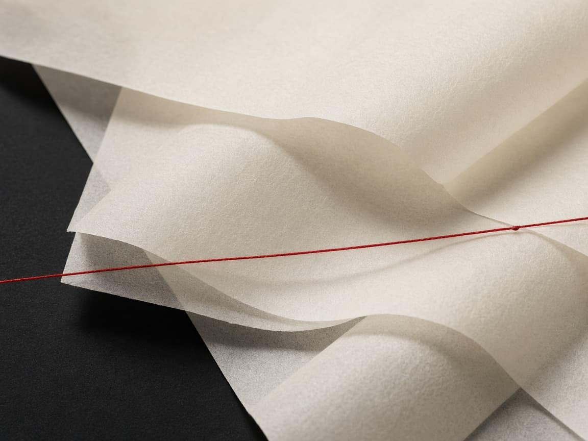 Layered cream vellum over a black card, crossed by one red thread.